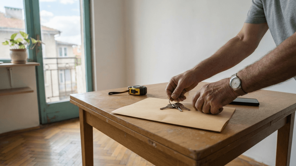 Собственик подрежда ключове върху документи за отдаване на имот под наем